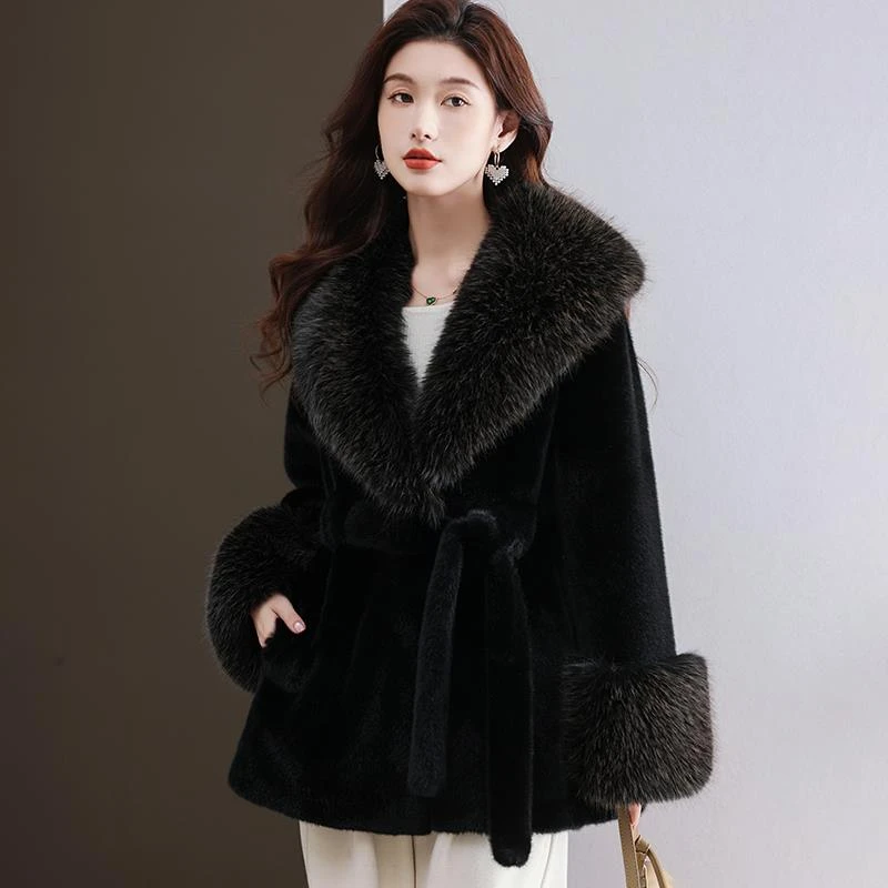 水绒大衣外套女开衫中长款系带毛领毛衫宽松大码纹披肩