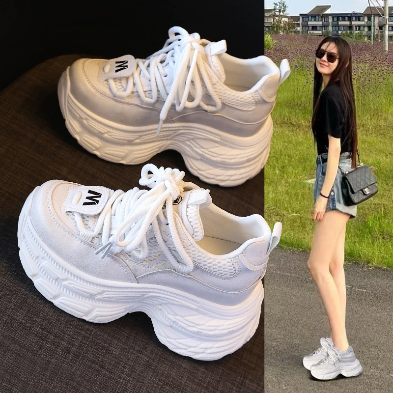 女2025春季松糕休闲鞋厚底内增高小个子时尚网面透气老爹鞋