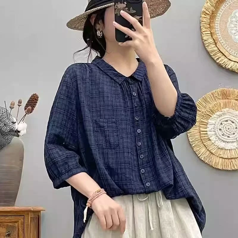 夏季中袖棉衬衫女2025新款减龄百搭衬衣气质大码上衣休闲女装2226