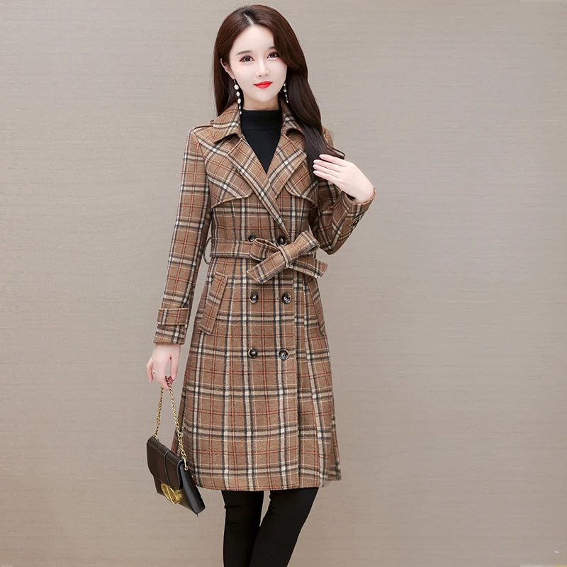 气质外套春秋风衣女大衣时尚中长款格子显瘦洋气收腰毛呢修身韩版