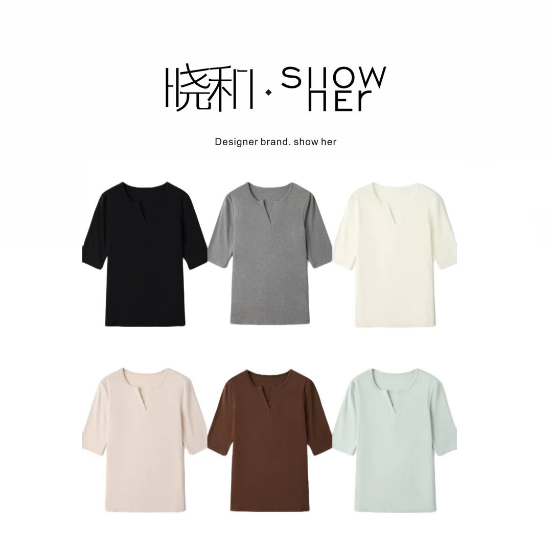 SHOW HER 【织兮】五分袖25S新款美丽诺羊M显瘦软糯半开领针织女