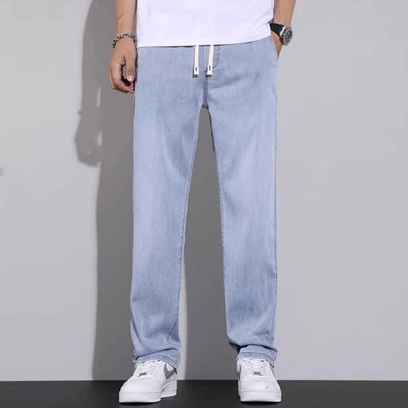 仓石一树男士薄款浅色宽松直筒牛仔裤男秋季松紧腰时尚潮流休闲裤