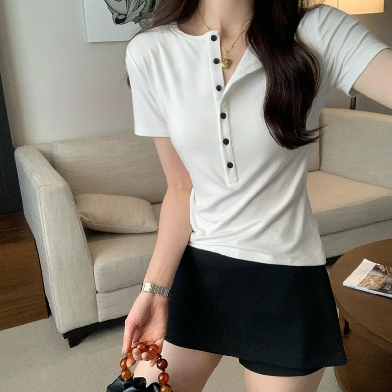 【莫代尔】螺纹棉修身弹力显瘦短袖t恤女夏装纽扣上衣纯色极简风