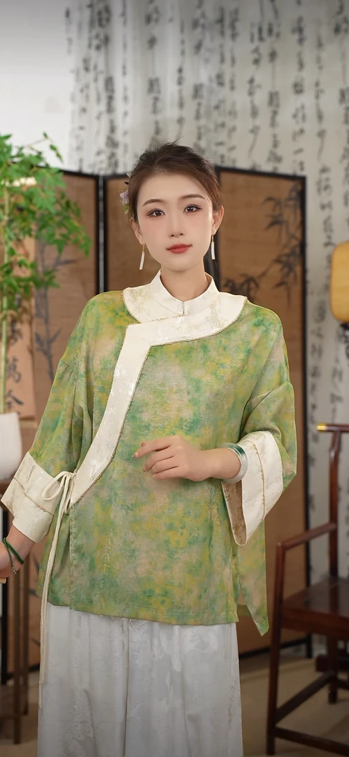 【唐宫宋韵】仲夏绿野——100桑蚕丝香云纱工艺复古新中式女上衣 135