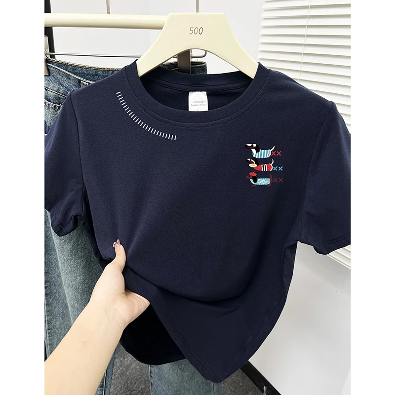 短袖T恤女2025夏季爆款时尚设计感小众印花遮肉显瘦正肩圆领上衣