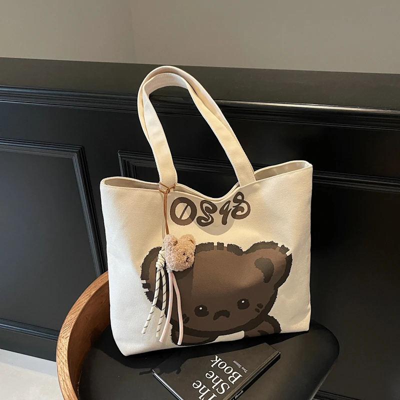 休闲大容量包包女夏新款卡通小熊帆布包大学生上课通勤单肩托特包