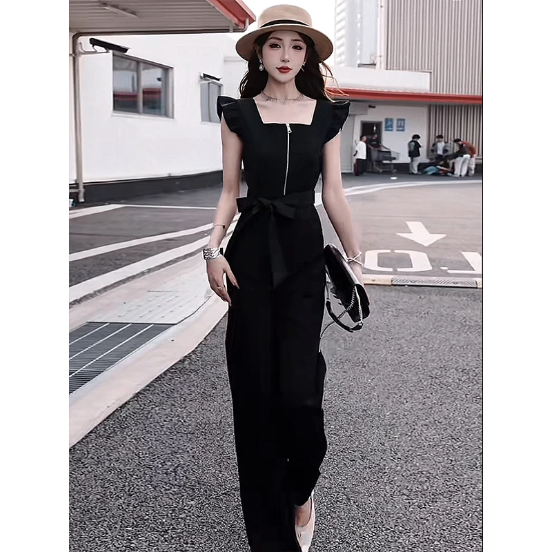 韩版气质黑色显瘦连体裤女装2025夏季新款慵懒休闲飞飞袖阔腿长裤