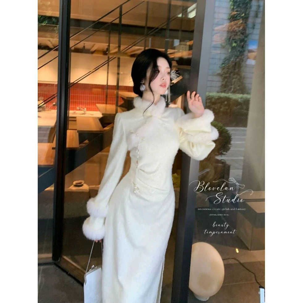 画报夫人清晖落玉 仿银狐毛重工立体刺绣加绒加厚旗袍冬款新中式