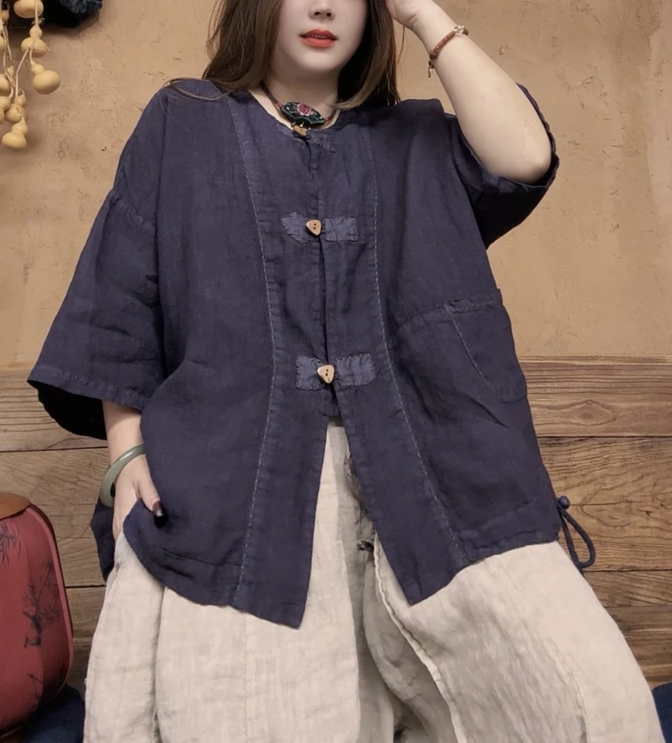 美子原创百搭夏季文艺休闲风女短外套大码民族风（衣长60胸围135）
