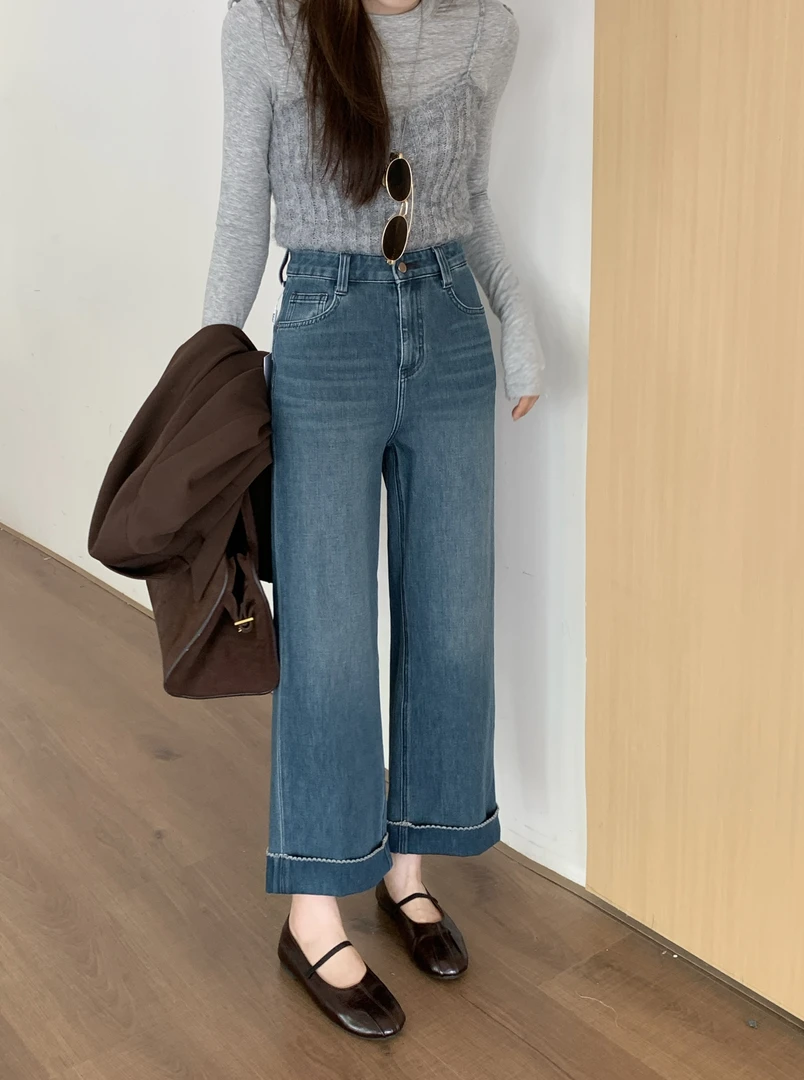 卡布68611牛仔裤女2025秋季新款阔腿裤Kabodo高腰卷边九分奶奶裤