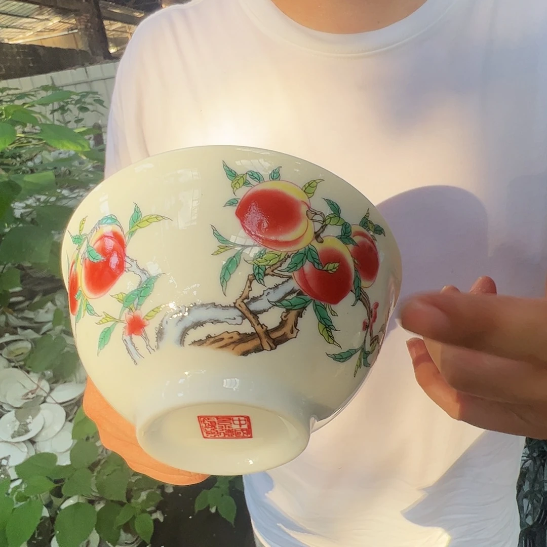瓷片景德镇陶瓷粉桃5寸米饭碗10只