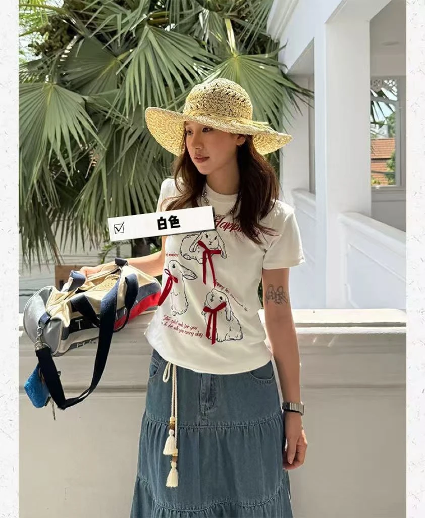 小雅姐姐  美式复古立体飘带蝴蝶结印花兔子正肩短袖T恤IV92