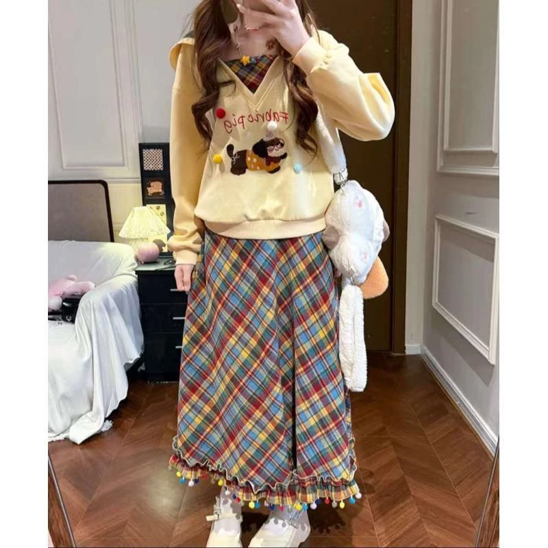 【黄油奶咖】甜美风V领连帽卫衣女秋小个子黄色宽松长袖外套套装