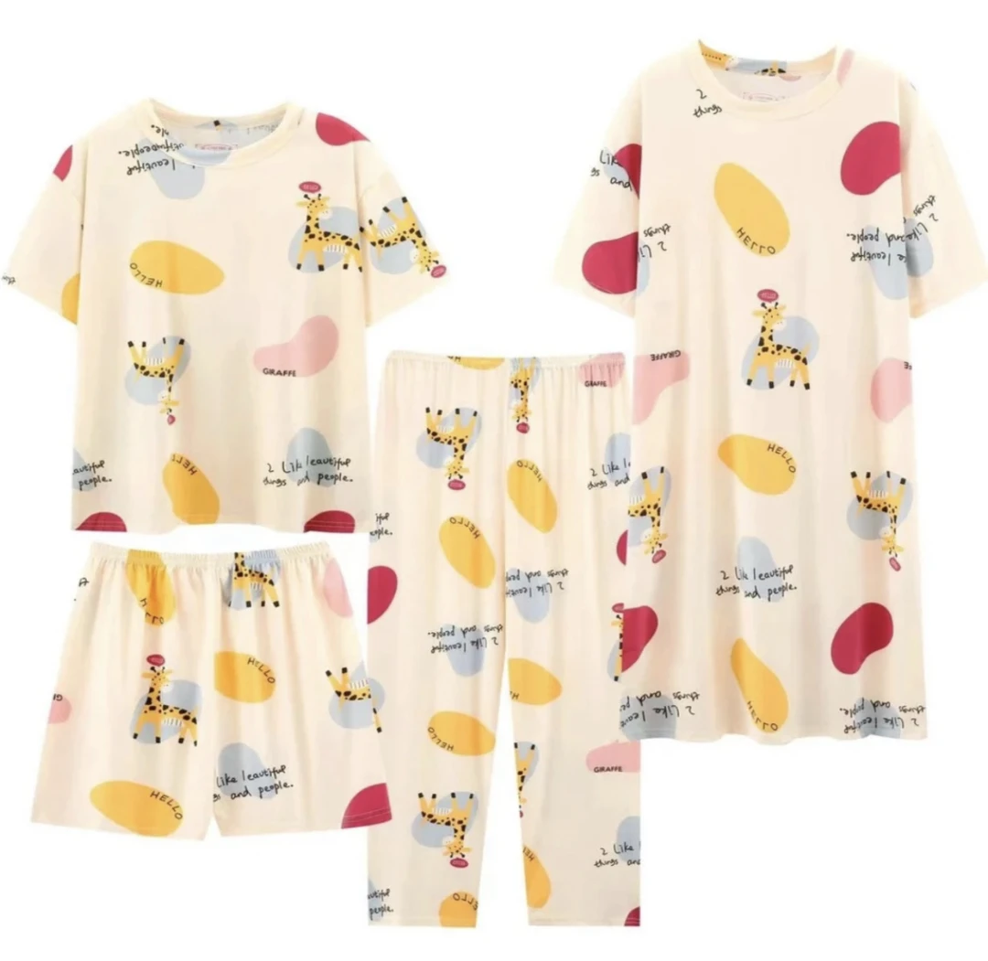 【长颈鹿四件套】夏季卡通短袖睡衣女可爱大码睡裙家居服7005