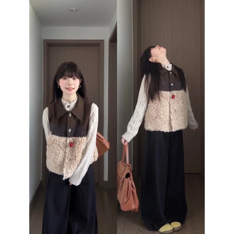 MARIE.COCO秋季设计感格子拼接毛绒绒马甲外套内搭针织毛衣休闲裤