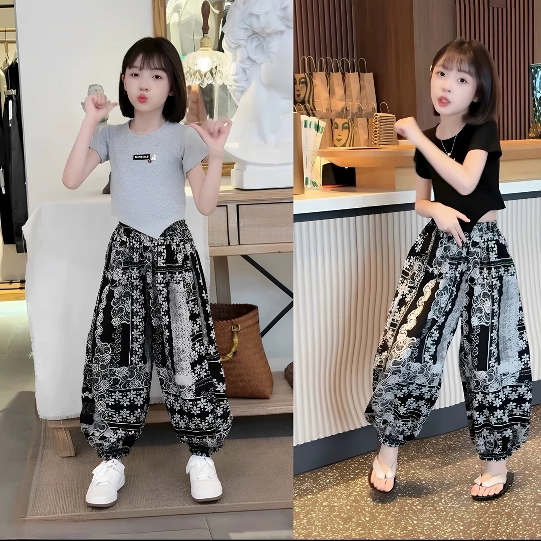 女童夏季短袖不规则T恤2025新款韩版中大童洋气薄款防蚊裤两件套