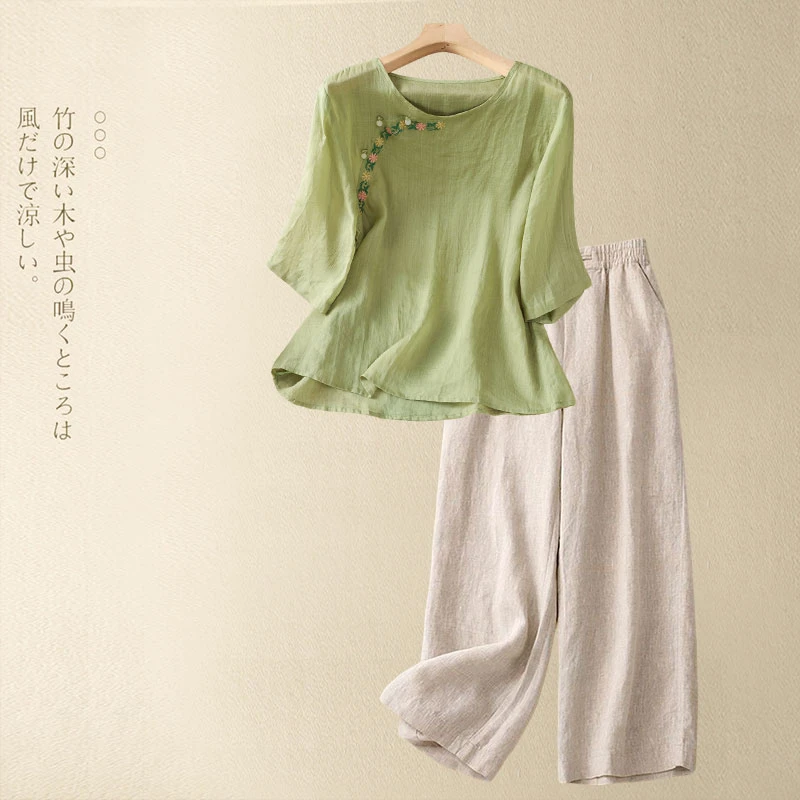 妈妈夏装衬衫套装女士时尚新款洋气高端亚麻苎麻上衣阔腿裤两件套