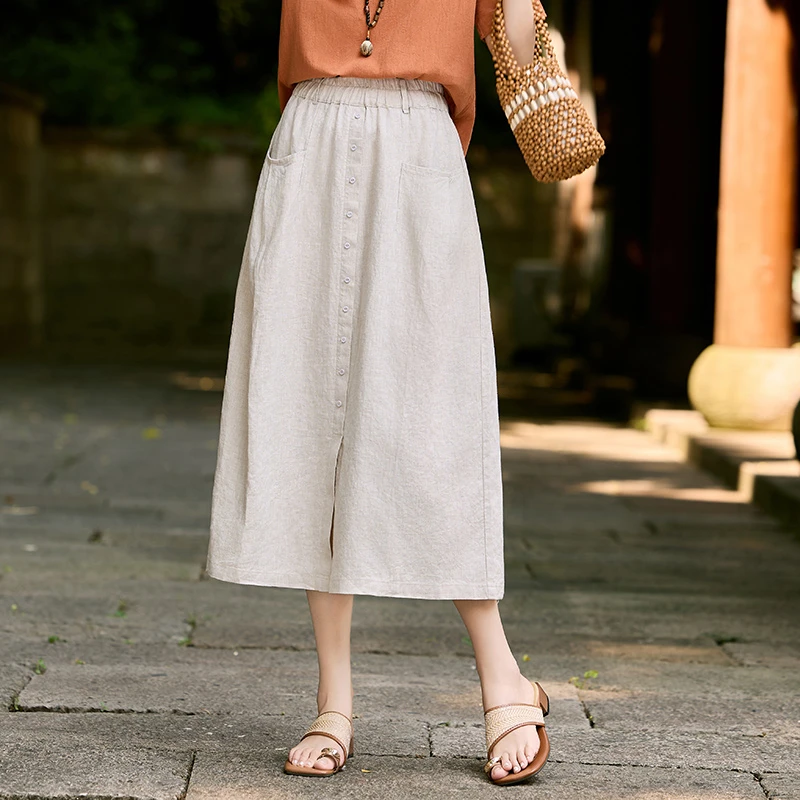 100%亚麻半身裙女2025棉麻新款中长裙高腰显瘦宽松休闲纯色a字裙
