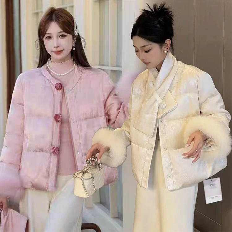 新中式国风女冬季新款提花毛毛袖口加厚保暖时尚百搭围脖短款外套