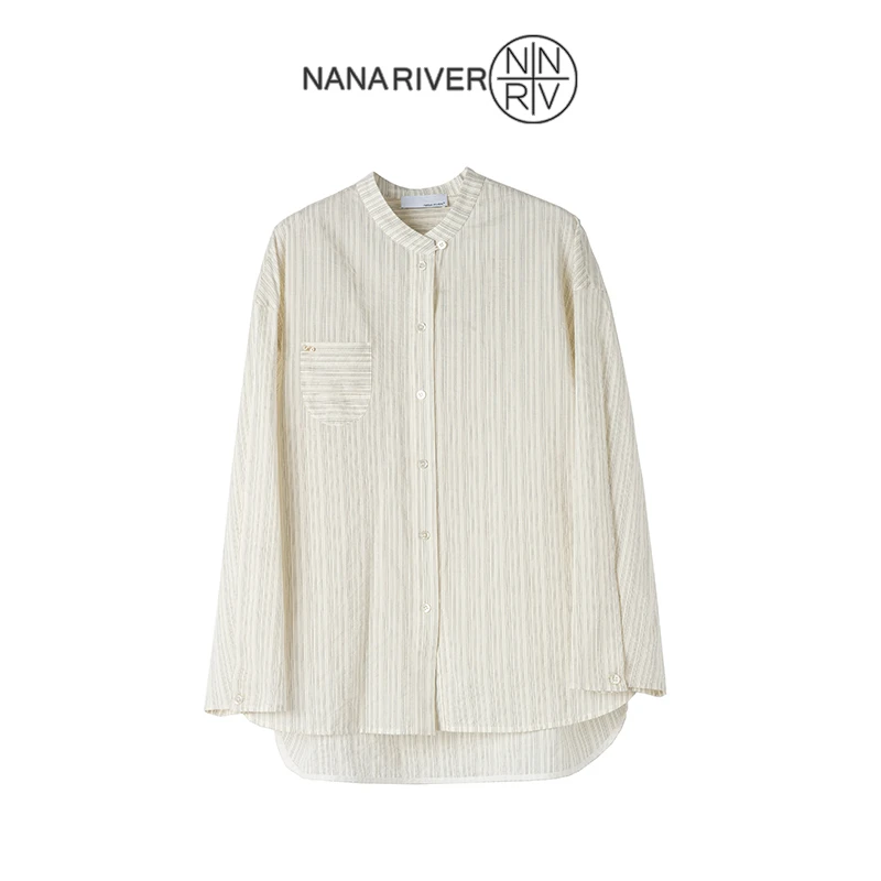 【扶疏】肌理感立领宽松条纹衬衫女新款宽松慵懒长袖衬衫百搭显瘦