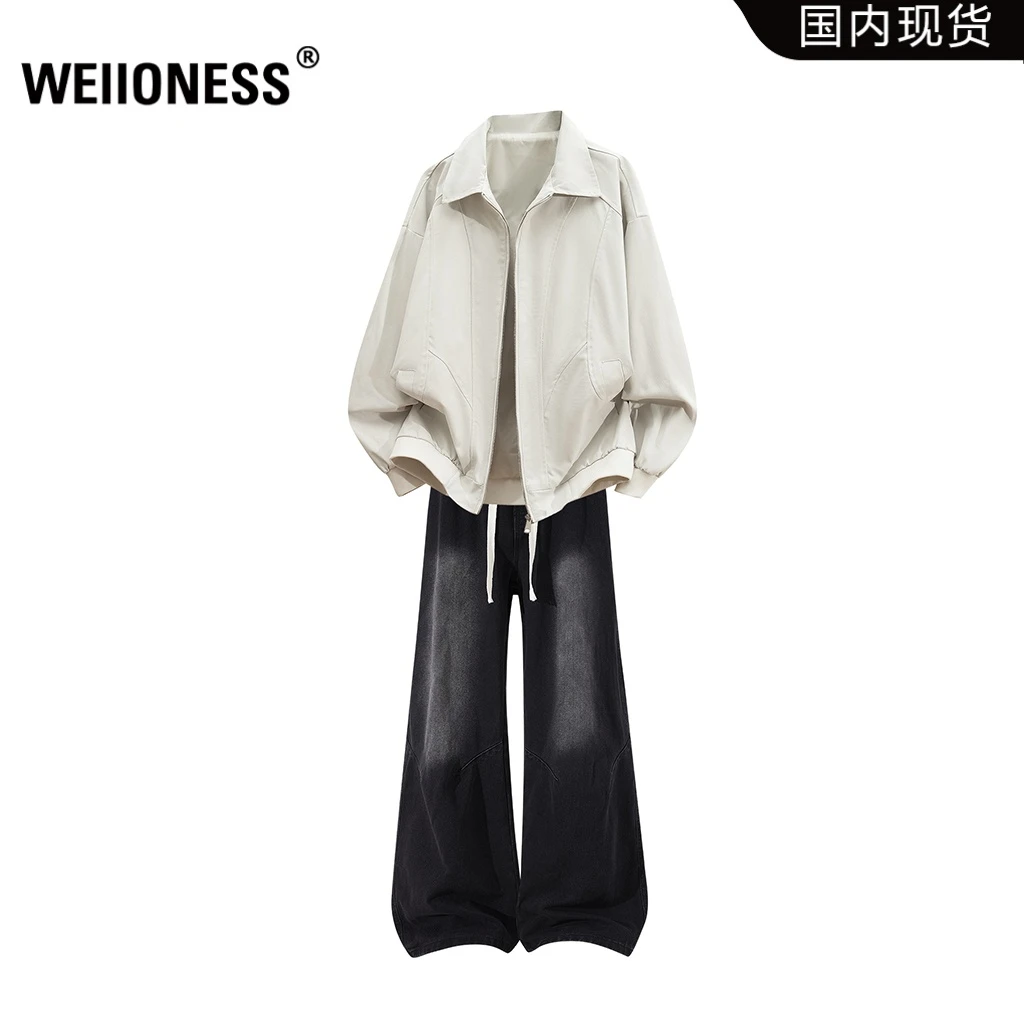 WEIIONESS解构风夹克套装男秋冬设计感痞帅牛仔裤两件套轻奢男装