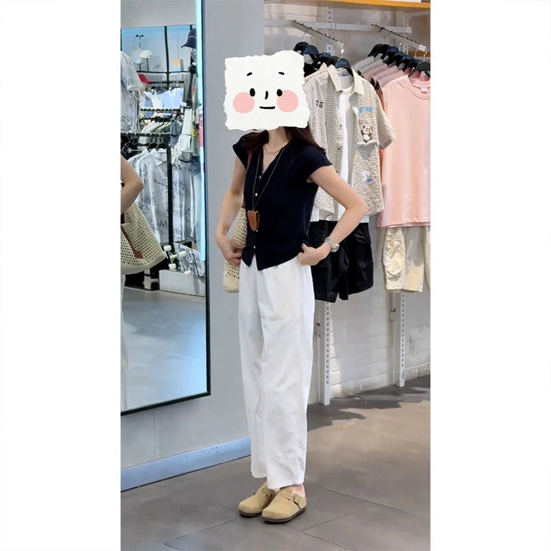 韩系小个子搭配夏装一整套V领上衣开衫休闲九分裤巨显瘦百搭套装