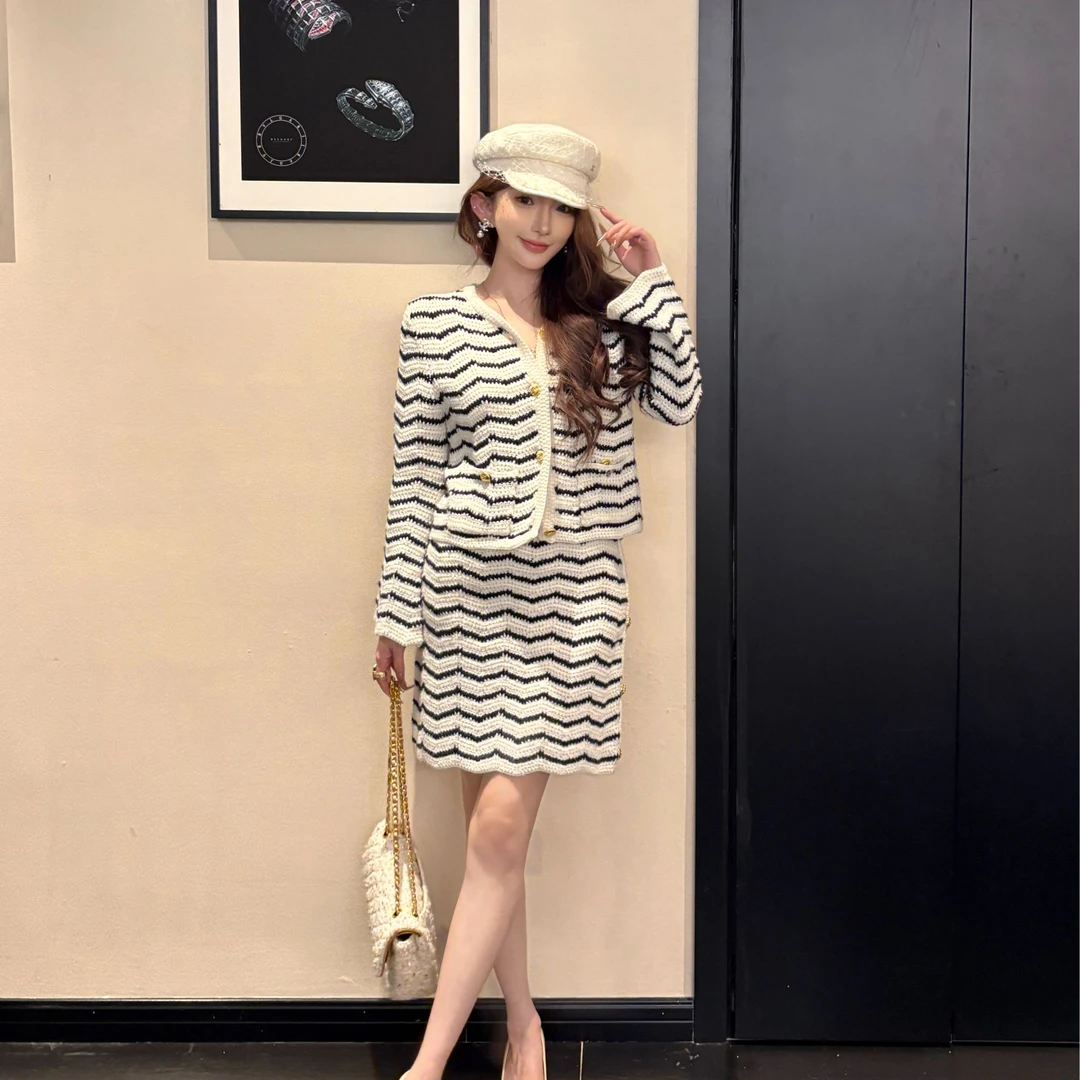 GUIDI GUDI【长弓溪谷】羊毛条纹外套半裙套装/黄加蓝