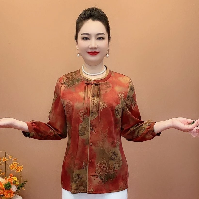 新款九分衬衫奶奶夏季上衣宽松洋气中老年中式妈妈国风衬衣