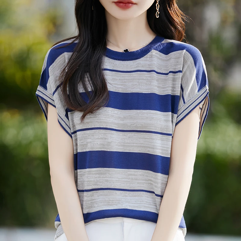 哥弟阿玛施正品时尚条纹宽松针织上衣女百搭圆领飞袖薄款撞色T恤