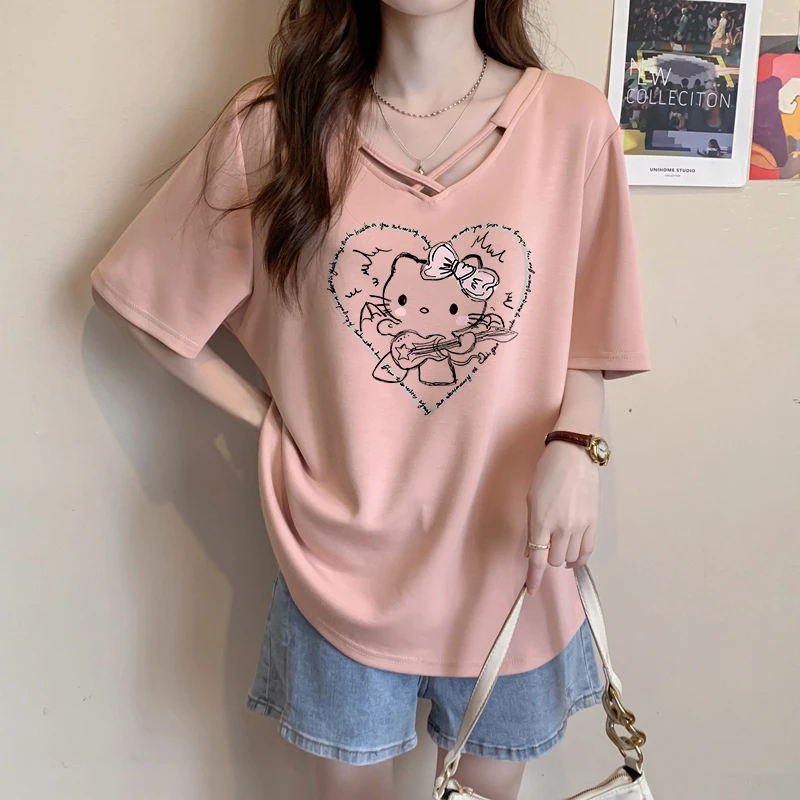 夏季独特漂亮小个子短袖T恤女宽松大码显瘦洋气减龄纯棉正肩上衣