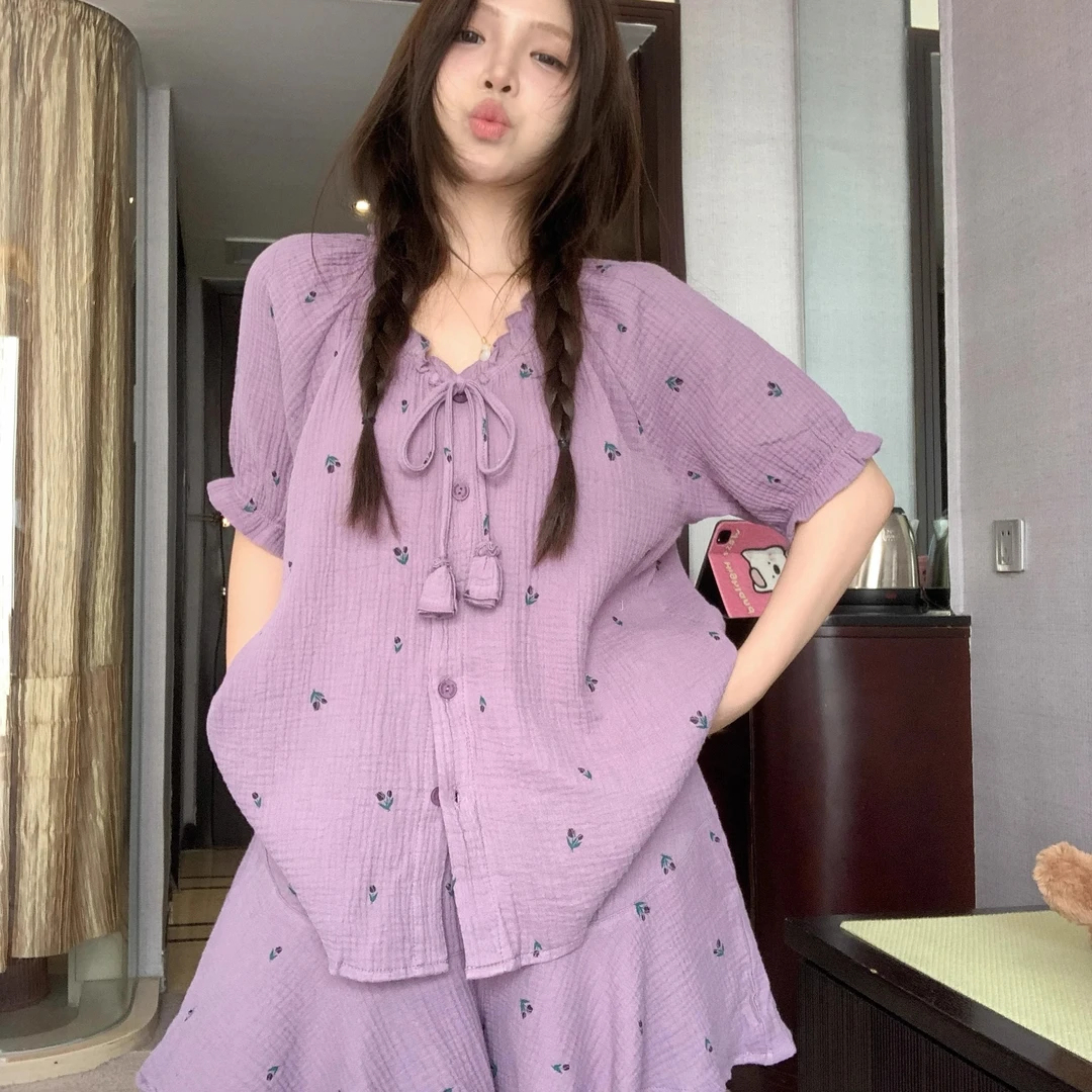 大码田园风少女紫色纯棉纱布睡衣女款2025新款夏季短裤家居服套装