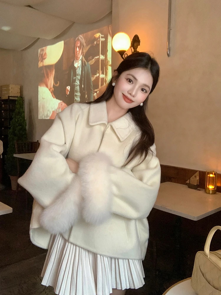 【巴斯恋人】反季福利羊毛大衣女狐狸毛袖双面羊毛斗篷大衣赫本风