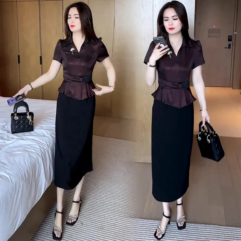 夏季新款时尚休闲裙子女气质新中式收腰中长款假两件拼接连衣裙潮