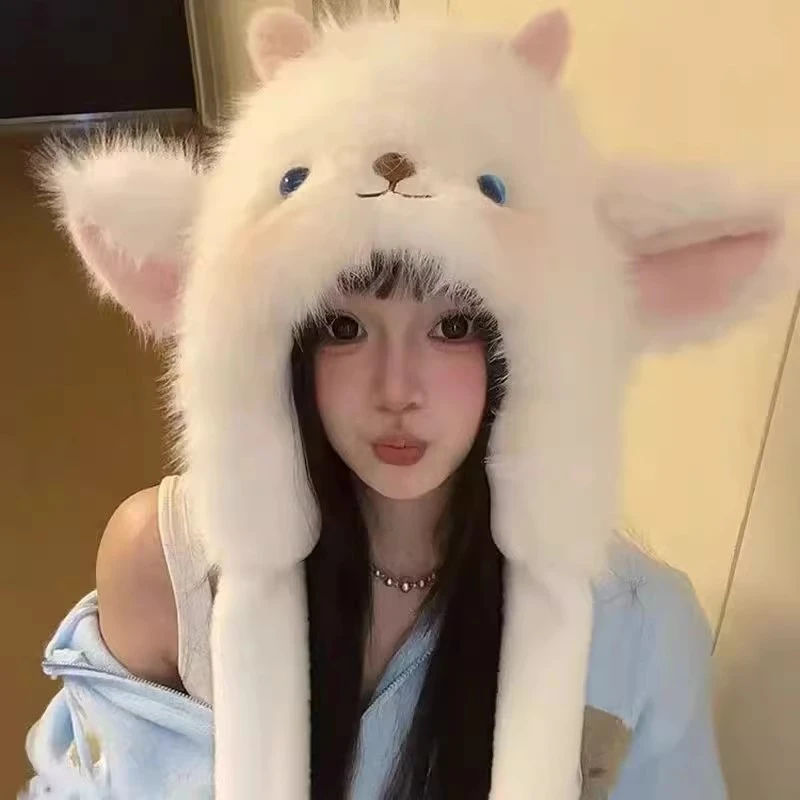 可爱卡通耳朵会动小羊加厚保暖毛绒帽子女冬季防寒护耳网红雷锋帽