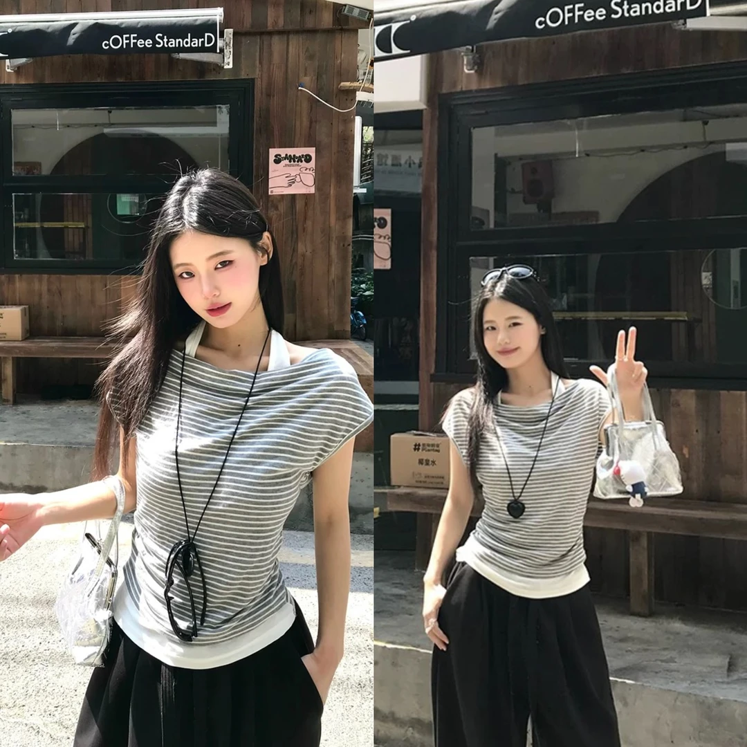 浠儿姐姐韩系撞色条纹荡领挂脖假两件上衣女夏季新款百搭短袖T恤