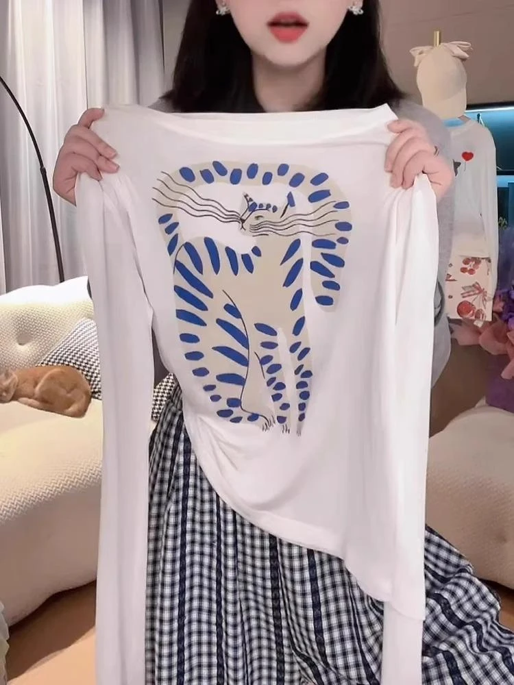 长尾猫印花薄款长袖T恤女2026夏季新款减龄休闲百搭套头防晒衫ins