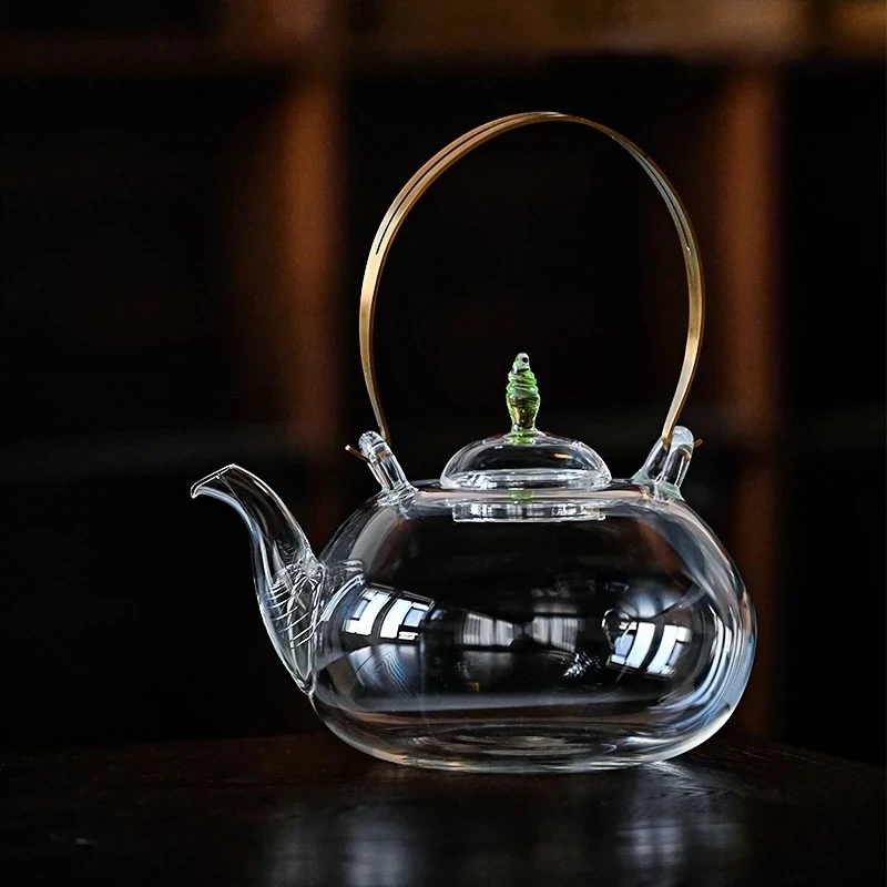 【老王】黄铜把-玻璃提梁壶800ml