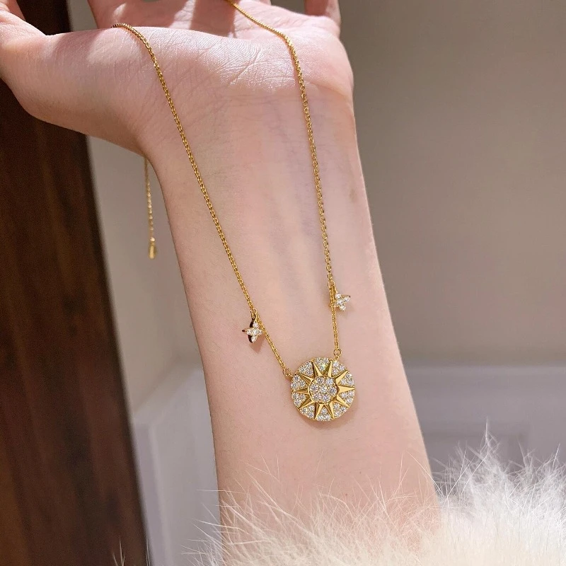 铜合金项链 轻奢中古金色爆闪星芒罗盘满钻项链小众高级感叠戴