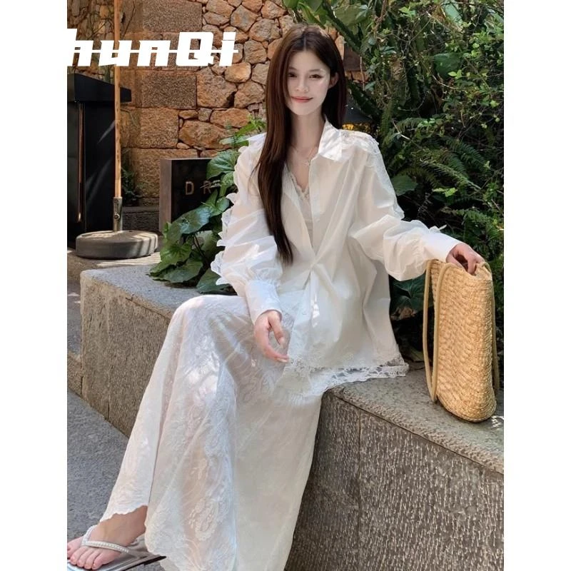 淳启清纯系一整套女夏日减龄松弛感蕾丝拼接防晒衬衫半身裙两件套