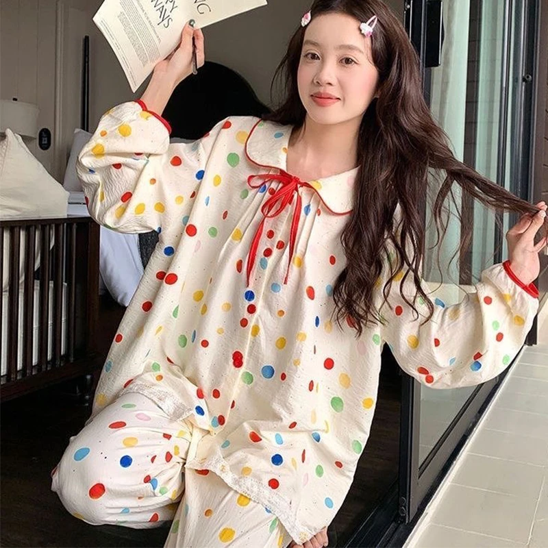 【星】春夏彩色圆点睡衣女系带翻领可外穿舒适宽松家居服套装3052