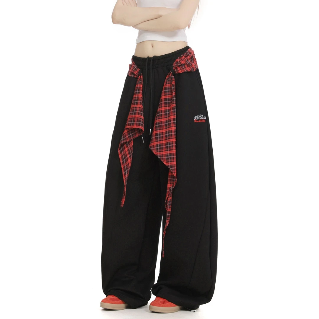 美式格子屁帘叠穿运动卫裤女百搭宽松慵懒街舞阔腿休闲长裤弯刀裤