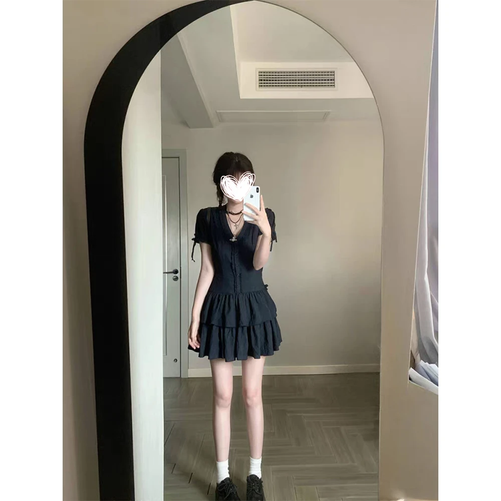 【夜海辰砂】蕾丝花边v领短袖连衣裙夏季短款A字裙短裙女