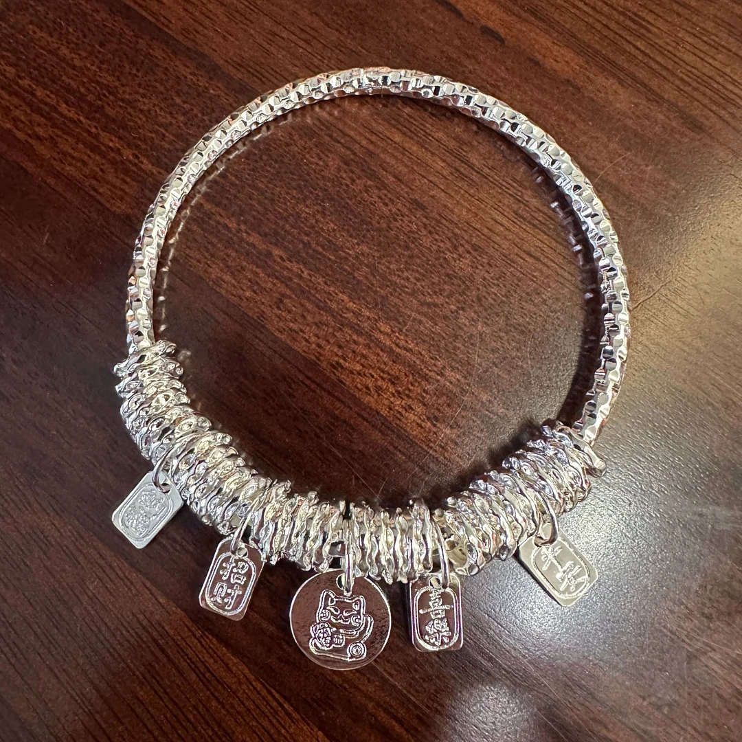 足银手镯 招财猫串珠吉言盘缠足银999.9实心闭口手镯平安喜乐吉言