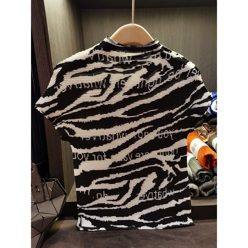 豹纹印花褶皱打底衫内搭欧货夏季玉米粒修身显瘦短袖t恤透气舒适