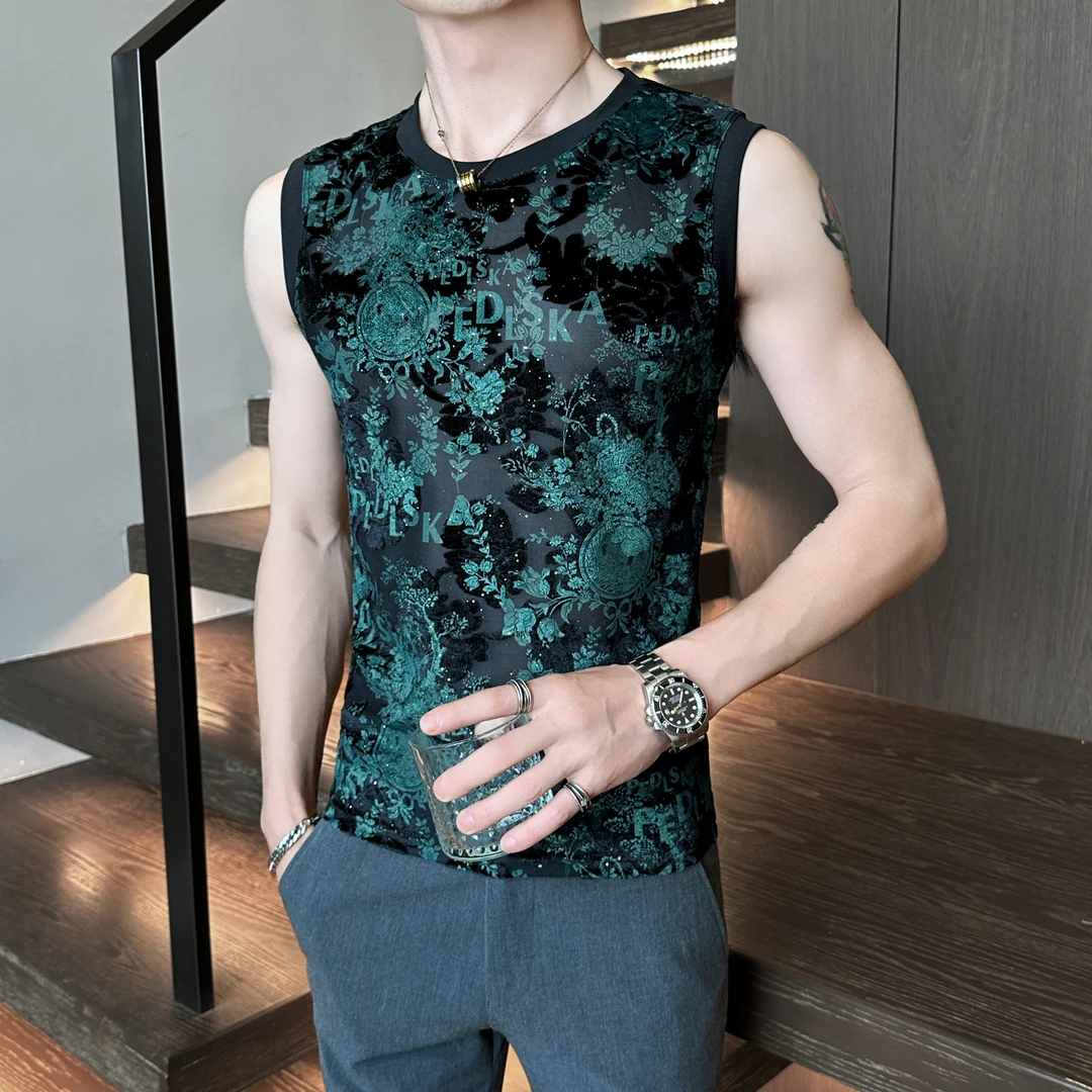 痞帅网红无袖背心男装夏季2025新款网沙镂空薄款印花T恤男士复古