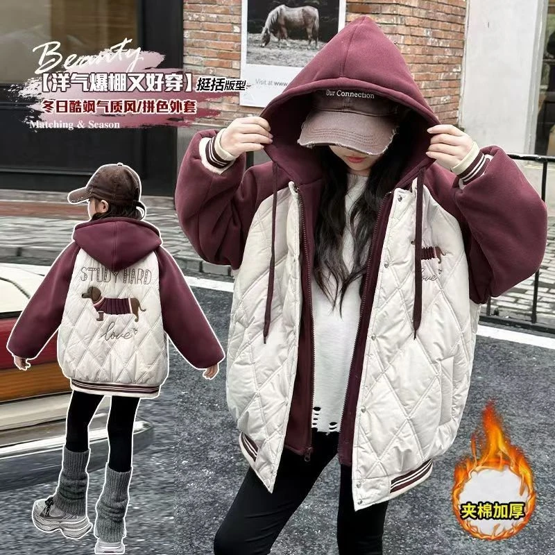 女大童冬季棉服2025新款初中生女生韩版绣花外套学生夹棉加厚棉衣