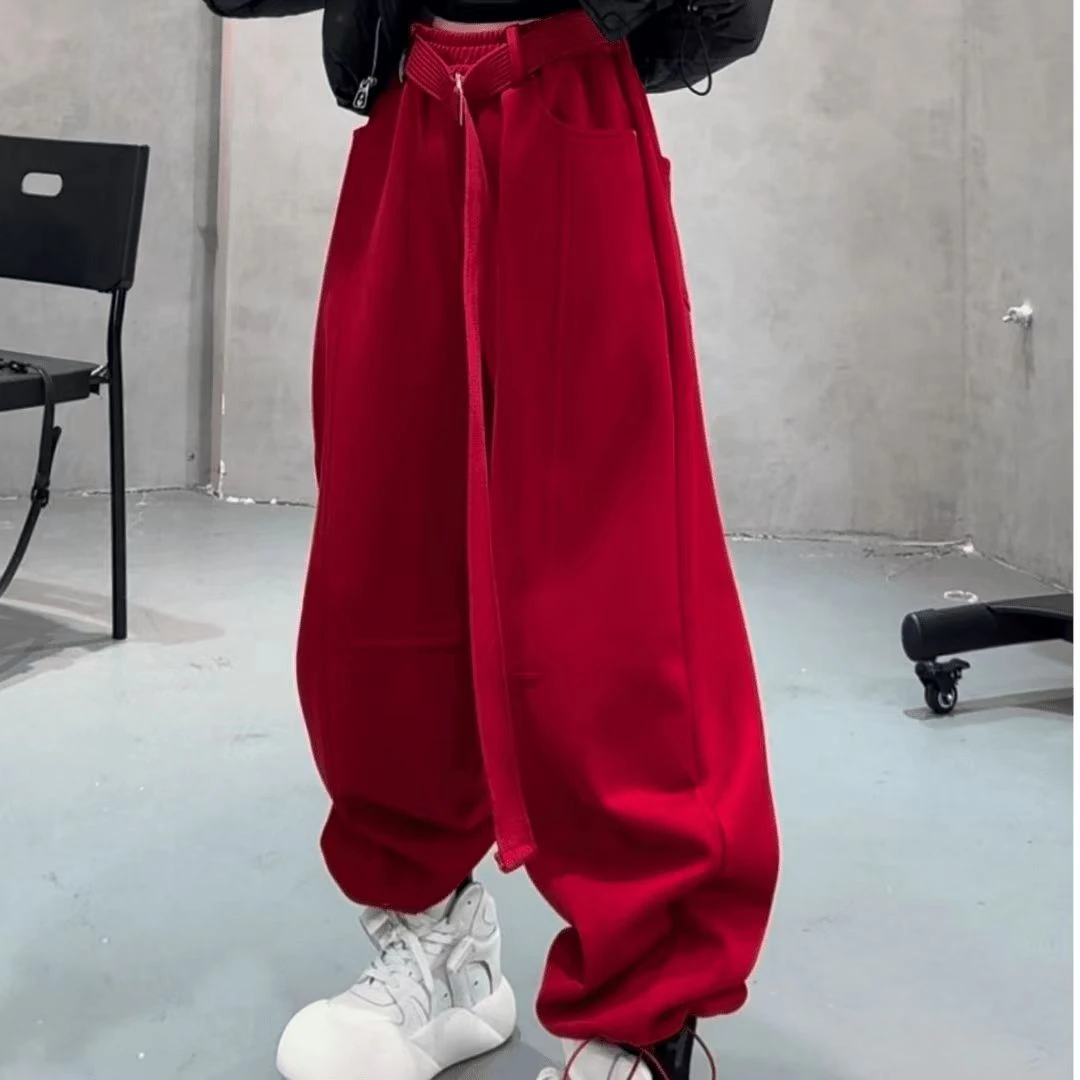 复古红色加绒加厚卫裤女秋冬2025新款高腰宽松显瘦直筒休闲阔腿裤