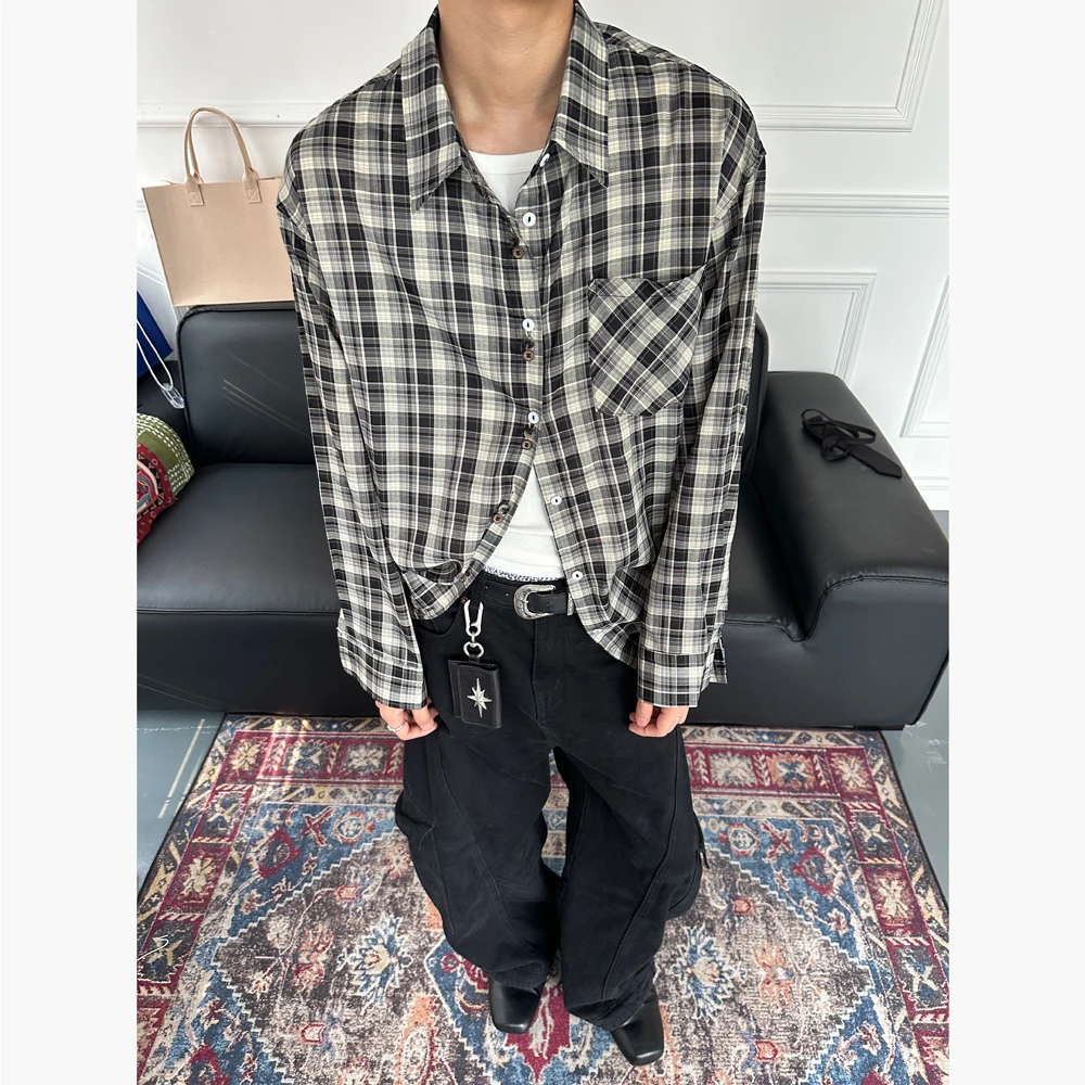 CZ2美式复古街头格子翻领男女慵懒长袖衬衫宽松休闲通勤衬衣外套