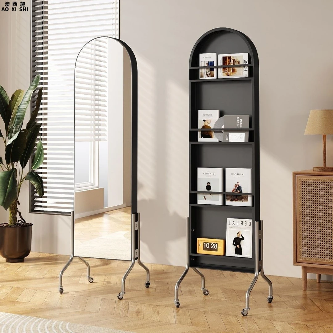 澳西施可移动镜子全身镜中古风收纳杂志架家用置物书架旋转穿衣镜