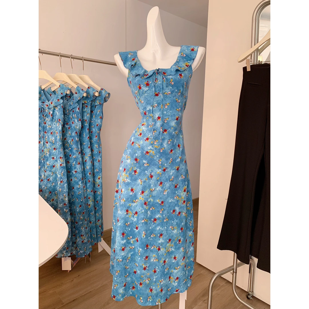 蓝色连衣裙UMI2025夏季新款V领无袖两面可穿碎花连衣裙系带收